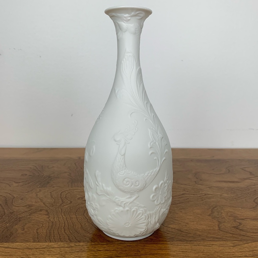 Kaiser Vase White Bisque Peacock Dragonfly Flowers Made in Germany Vtg Floral